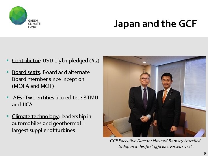 Japan and the GCF § Contributor: USD 1. 5 bn pledged (#2) § Board