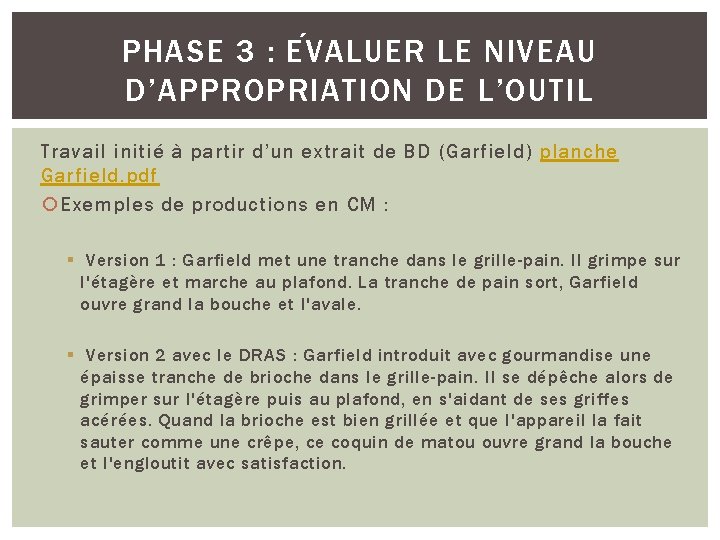 PHASE 3 : E V ALUER LE NIVEAU D’APPROPRIATION DE L’OUTIL Travail initié à