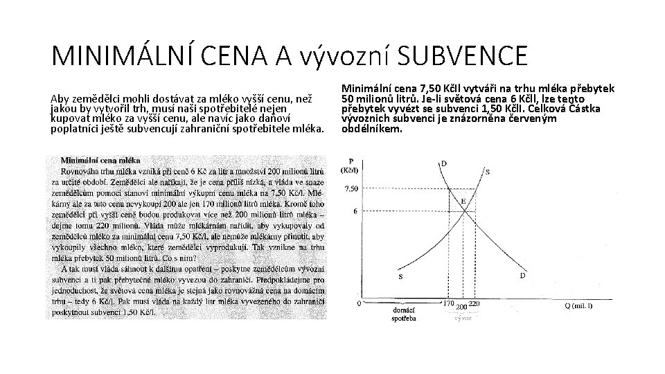 MINIMÁLNÍ CENA A vývozní SUBVENCE Aby zemědělci mohli dostávat za mléko vyšší cenu, než