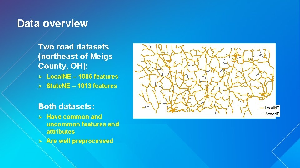 Data overview Two road datasets (northeast of Meigs County, OH): Local. NE – 1085