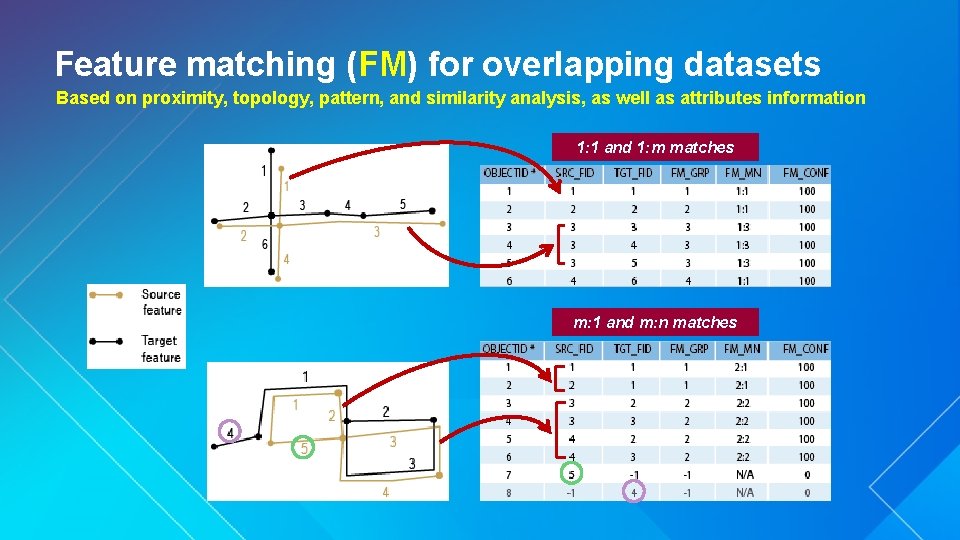 Feature matching (FM) for overlapping datasets Based on proximity, topology, pattern, and similarity analysis,