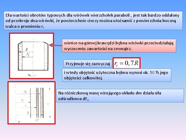 Dla wartości obrotów typowych dla wirówek wierzchołek paraboli , jest tak bardzo oddalony od