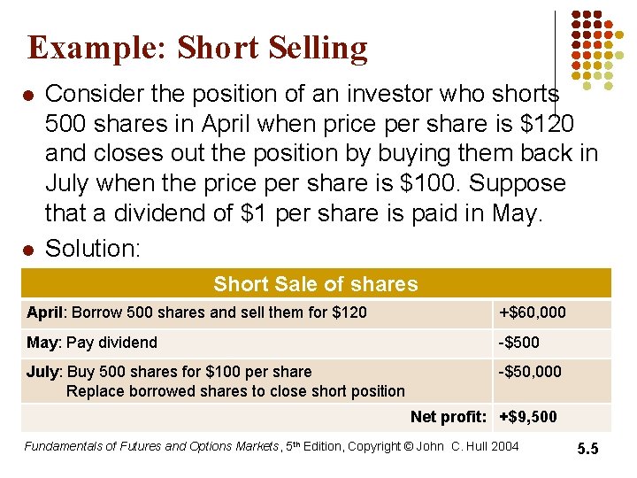 Example: Short Selling l l Consider the position of an investor who shorts 500 Example: Short Selling l l Consider the position of an investor who shorts 500
