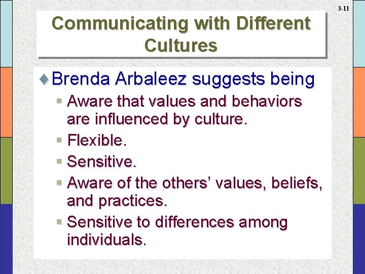 3 -11 Communicating with Different Cultures ¨Brenda Arbaleez suggests being § Aware that values