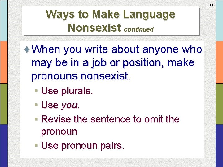 3 -14 Ways to Make Language Nonsexist continued ¨When you write about anyone who