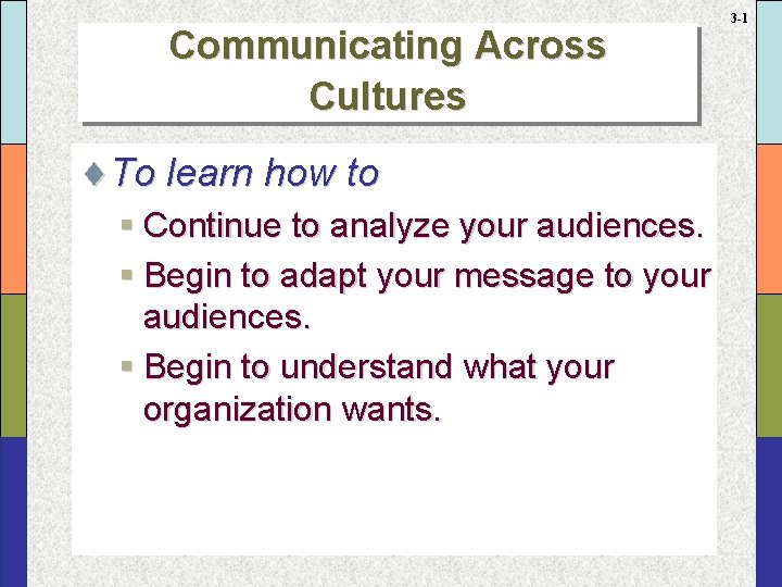 Communicating Across Cultures ¨To learn how to § Continue to analyze your audiences. §