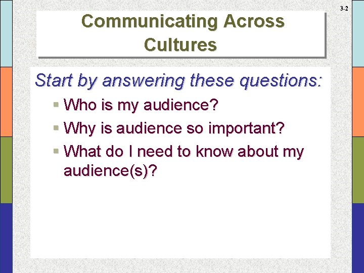 Communicating Across Cultures Start by answering these questions: § Who is my audience? §