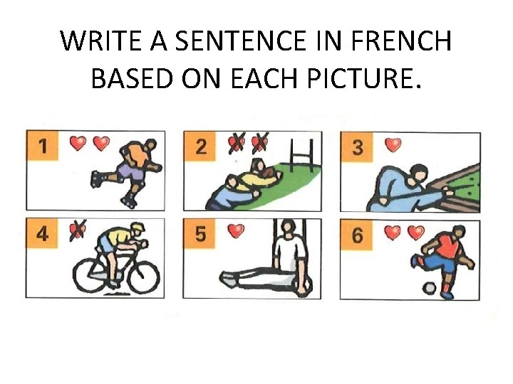 WRITE A SENTENCE IN FRENCH BASED ON EACH PICTURE. WRITE A SENTENCE IN FRENCH BASED ON EACH PICTURE.