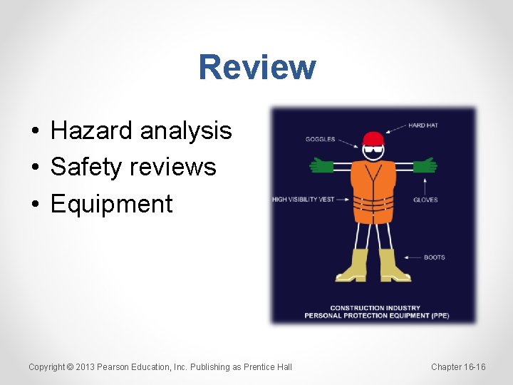 Review • Hazard analysis • Safety reviews • Equipment Copyright © 2013 Pearson Education,
