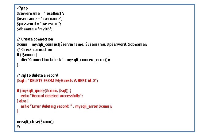 <? php $servername = "localhost"; $username = "username"; $password = "password"; $dbname = "my. <? php $servername = "localhost"; $username = "username"; $password = "password"; $dbname = "my.