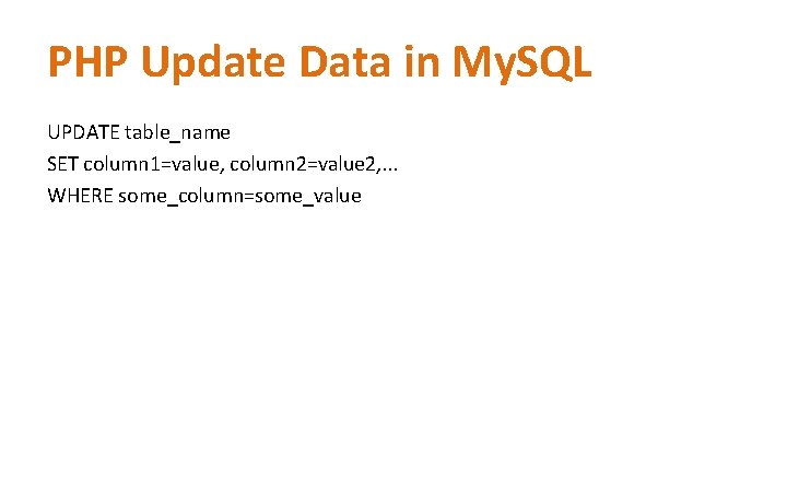 PHP Update Data in My. SQL UPDATE table_name SET column 1=value, column 2=value 2, PHP Update Data in My. SQL UPDATE table_name SET column 1=value, column 2=value 2,