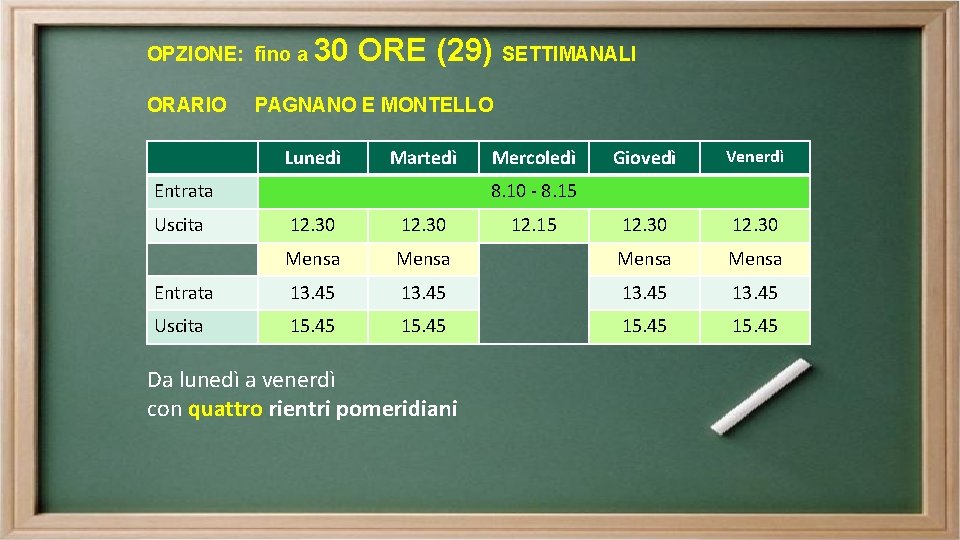 OPZIONE: fino a ORARIO 30 ORE (29) SETTIMANALI PAGNANO E MONTELLO Lunedì Martedì Entrata