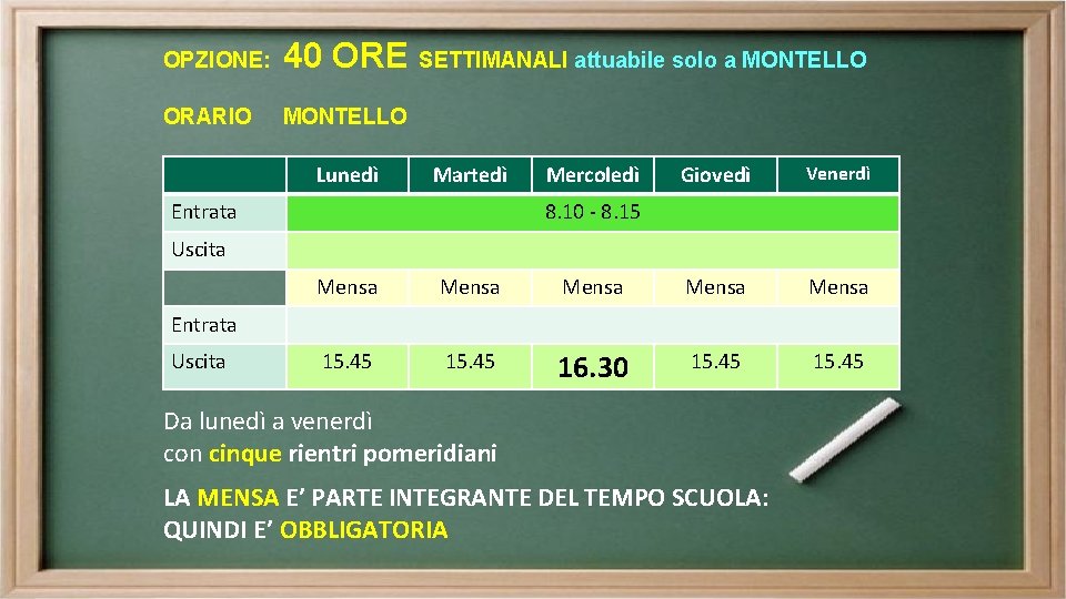 OPZIONE: 40 ORE SETTIMANALI attuabile solo a MONTELLO ORARIO MONTELLO Lunedì Martedì Entrata Mercoledì