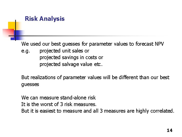 Risk Analysis We used our best guesses for parameter values to forecast NPV e.