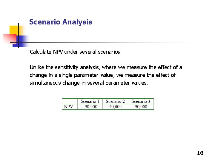 Scenario Analysis Calculate NPV under several scenarios Unlike the sensitivity analysis, where we measure