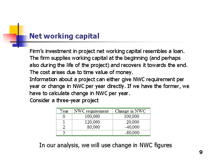 Net working capital Firm’s investment in project net working capital resembles a loan. The