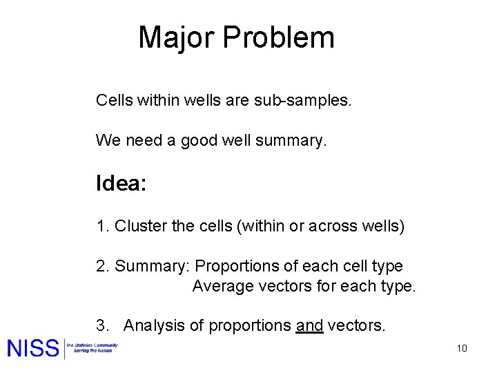 Major Problem Cells within wells are sub-samples. We need a good well summary. Idea: