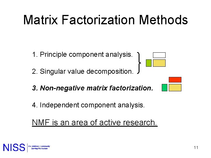 Matrix Factorization Methods 1. Principle component analysis. 2. Singular value decomposition. 3. Non-negative matrix