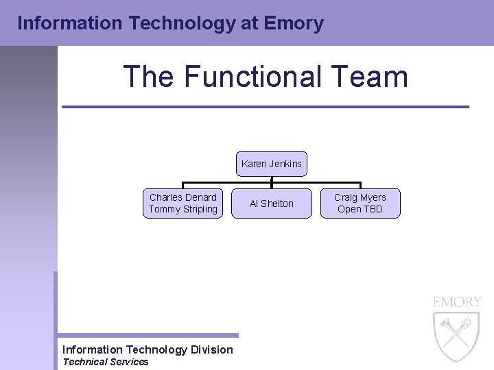 Information Technology at Emory The Functional Team Karen Jenkins Charles Denard Tommy Stripling Information Information Technology at Emory The Functional Team Karen Jenkins Charles Denard Tommy Stripling Information