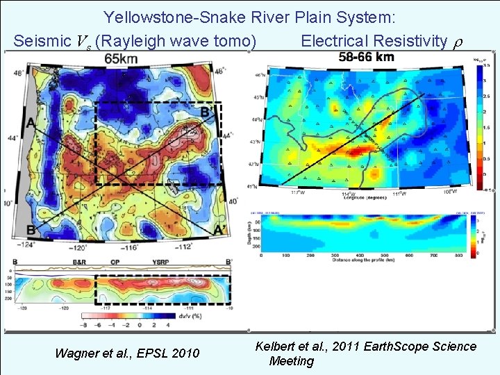 Yellowstone-Snake River Plain System: Seismic Vs (Rayleigh wave tomo) Electrical Resistivity Wagner et al.