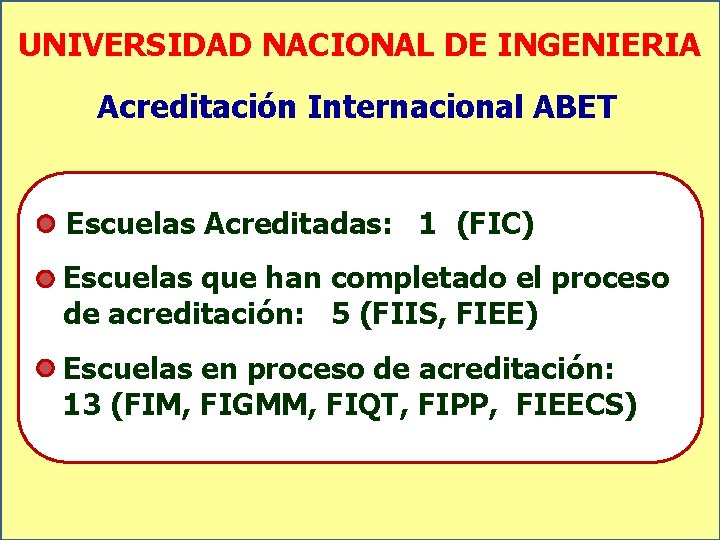 UNIVERSIDAD NACIONAL DE INGENIERIA Acreditación Internacional ABET Escuelas Acreditadas: 1 (FIC) Escuelas que han