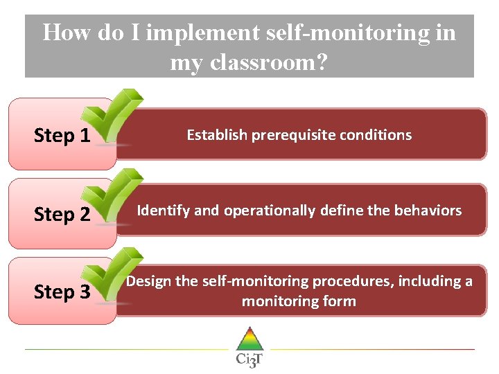 How do I implement self-monitoring in my classroom? Step 1 Establish prerequisite conditions Step