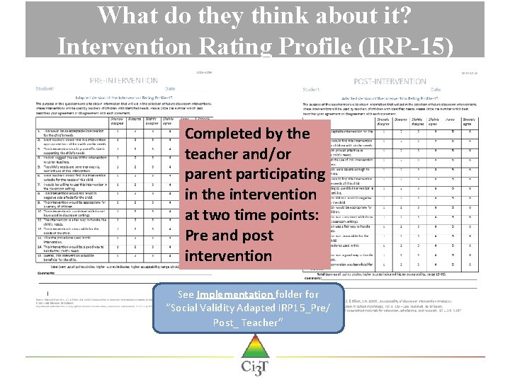 What do they think about it? Intervention Rating Profile (IRP-15) Completed by the teacher