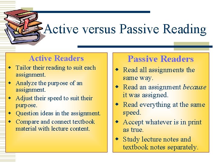 Active versus Passive Reading Active Readers w Tailor their reading to suit each assignment.