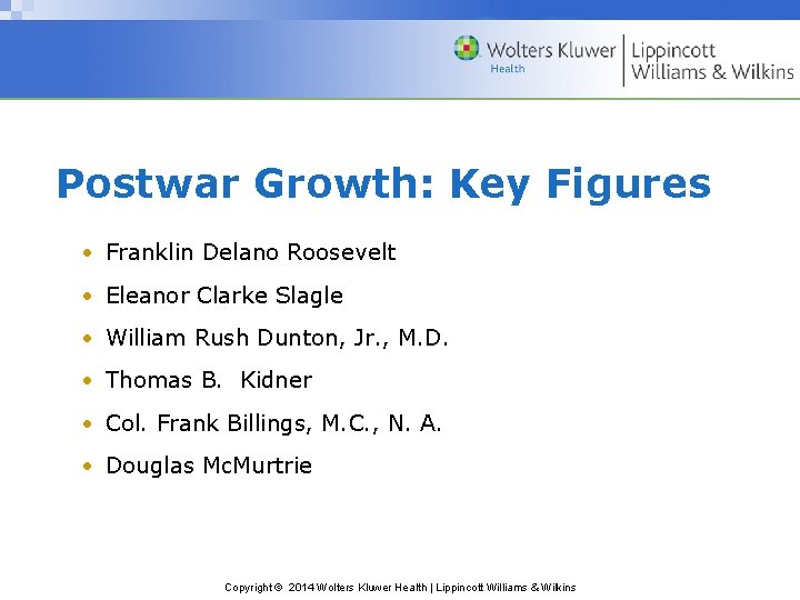 Postwar Growth: Key Figures • Franklin Delano Roosevelt • Eleanor Clarke Slagle • William