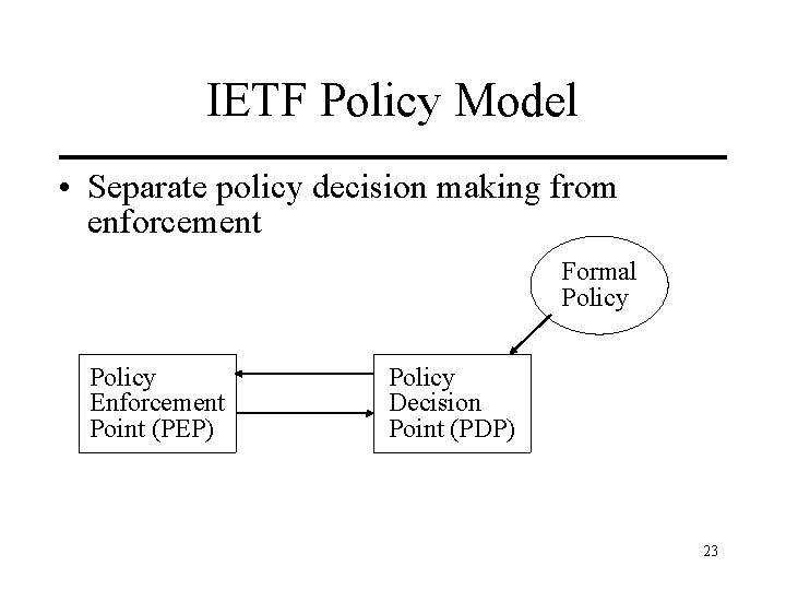 IETF Policy Model • Separate policy decision making from enforcement Formal Policy Enforcement Point
