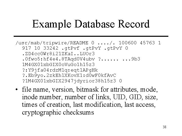 Example Database Record /usr/mab/tripwire/README 0. . /. 100600 45763 1 917 10 33242. gt.