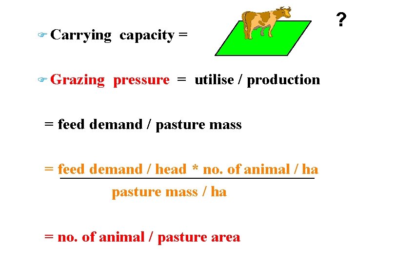 F Carrying F Grazing capacity = pressure = utilise / production = feed demand