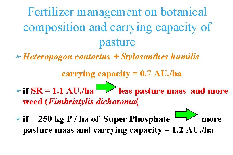 Fertilizer management on botanical composition and carrying capacity of pasture F Heteropogon contortus +