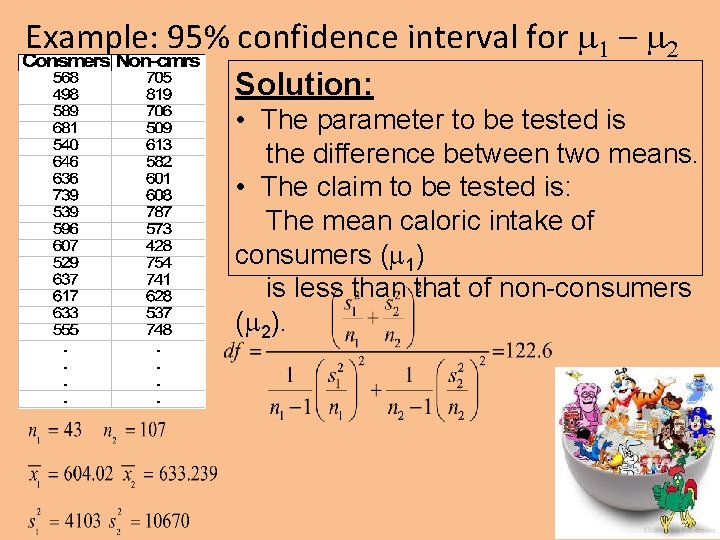 Example: 95% confidence interval for m 1 – m 2 Solution: • The parameter
