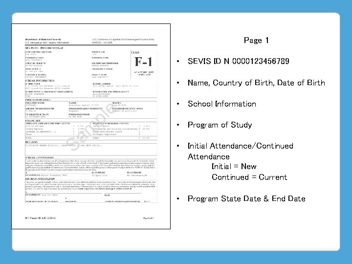 Page 1 • SEVIS ID N 0000123456789 • Name, Country of Birth, Date of