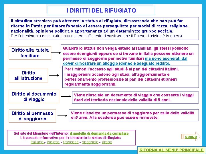 I DIRITTI DEL RIFUGIATO Il cittadino straniero può ottenere lo status di rifugiato, dimostrando