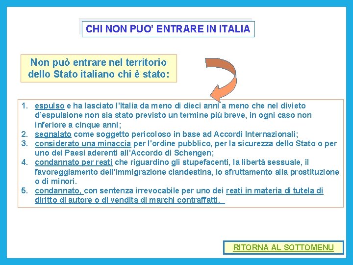 CHI NON PUO’ ENTRARE IN ITALIA Non può entrare nel territorio dello Stato italiano