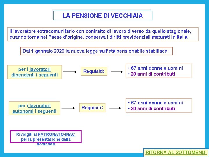 LA PENSIONE DI VECCHIAIA Il lavoratore extracomunitario contratto di lavoro diverso da quello stagionale,