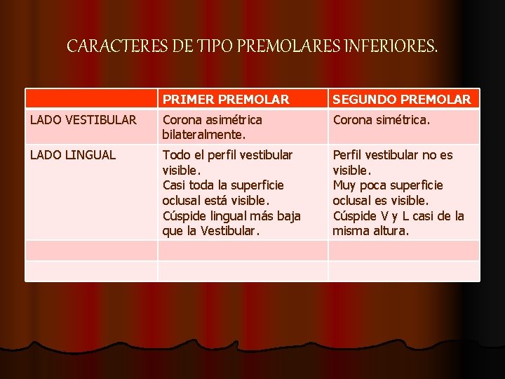 CARACTERES DE TIPO PREMOLARES INFERIORES. PRIMER PREMOLAR SEGUNDO PREMOLAR LADO VESTIBULAR Corona asimétrica bilateralmente. CARACTERES DE TIPO PREMOLARES INFERIORES. PRIMER PREMOLAR SEGUNDO PREMOLAR LADO VESTIBULAR Corona asimétrica bilateralmente.