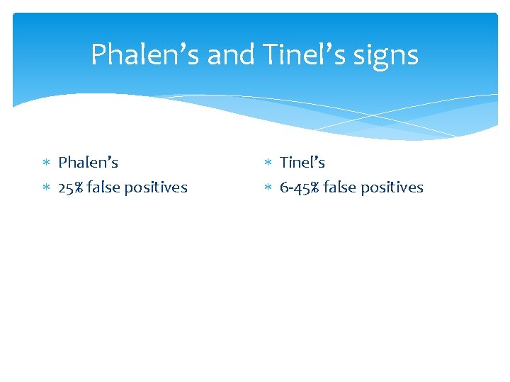 Phalen’s and Tinel’s signs Phalen’s 25% false positives Tinel’s 6 -45% false positives 