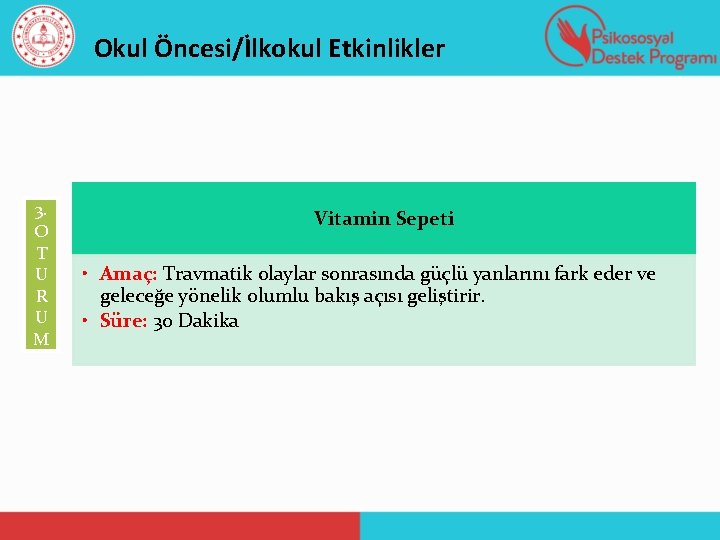 Okul Öncesi/İlkokul Etkinlikler 3. O T U R U M Vitamin Sepeti • Amaç: