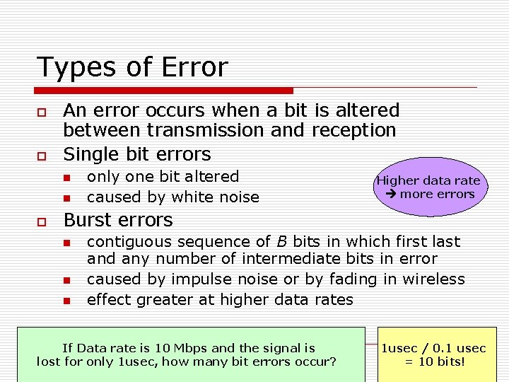 Types of Error o o An error occurs when a bit is altered between Types of Error o o An error occurs when a bit is altered between