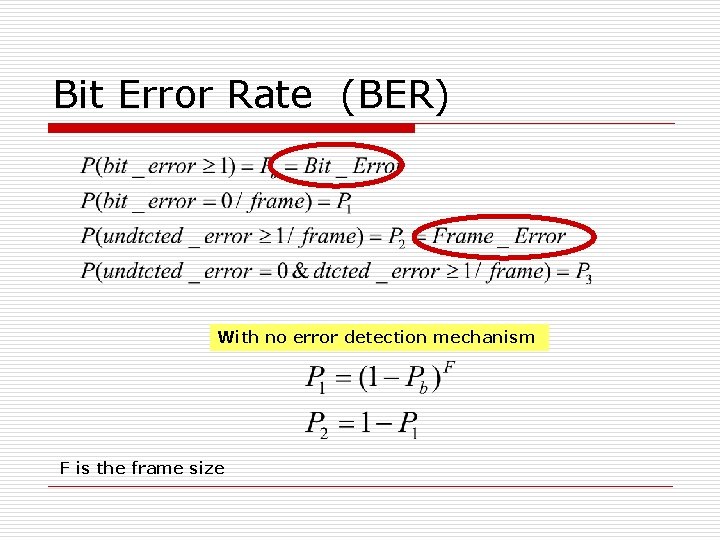 Bit Error Rate (BER) With no error detection mechanism F is the frame size Bit Error Rate (BER) With no error detection mechanism F is the frame size