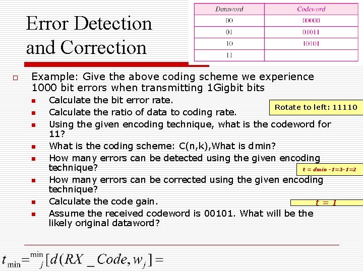 Error Detection and Correction o Example: Give the above coding scheme we experience 1000 Error Detection and Correction o Example: Give the above coding scheme we experience 1000