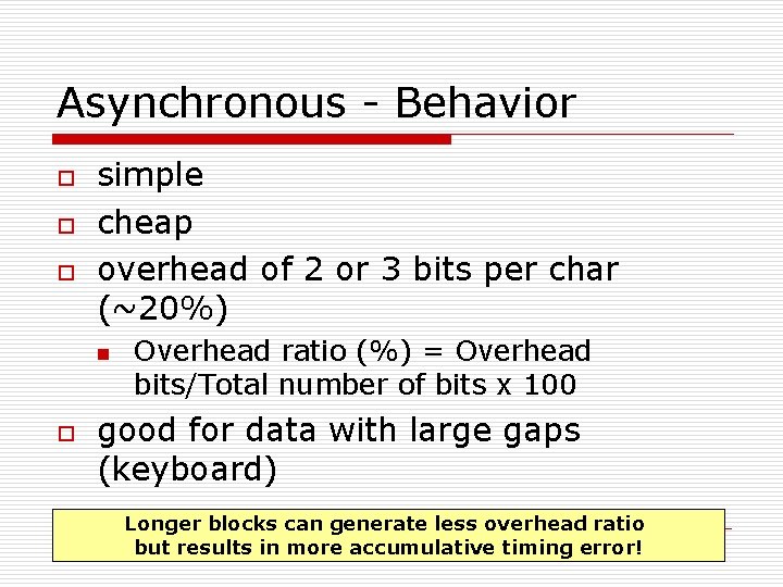 Asynchronous - Behavior o o o simple cheap overhead of 2 or 3 bits Asynchronous - Behavior o o o simple cheap overhead of 2 or 3 bits