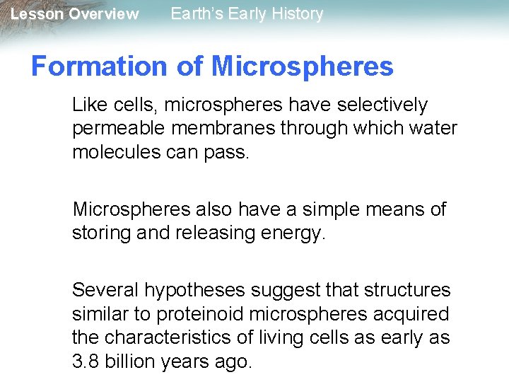 Lesson Overview Earth’s Early History Formation of Microspheres Like cells, microspheres have selectively permeable