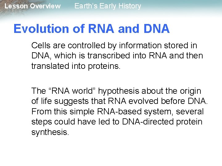 Lesson Overview Earth’s Early History Evolution of RNA and DNA Cells are controlled by