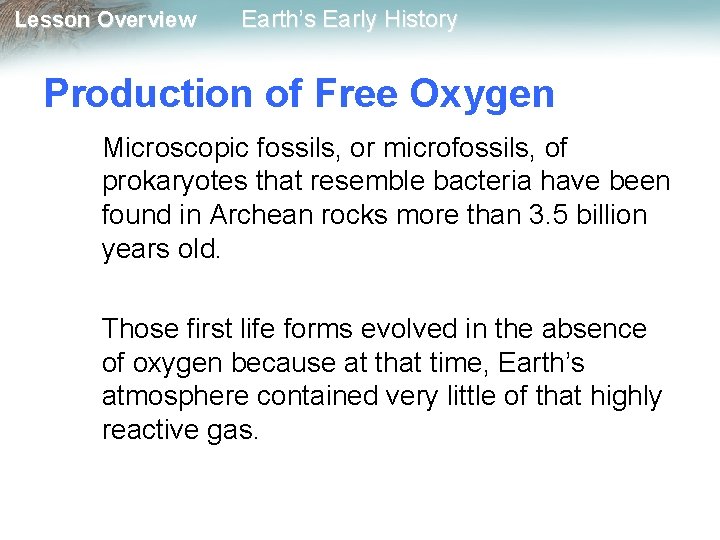 Lesson Overview Earth’s Early History Production of Free Oxygen Microscopic fossils, or microfossils, of