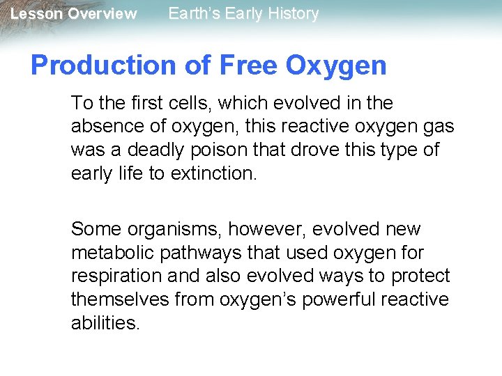 Lesson Overview Earth’s Early History Production of Free Oxygen To the first cells, which