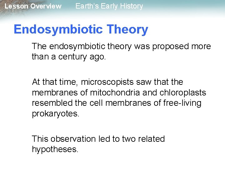 Lesson Overview Earth’s Early History Endosymbiotic Theory The endosymbiotic theory was proposed more than